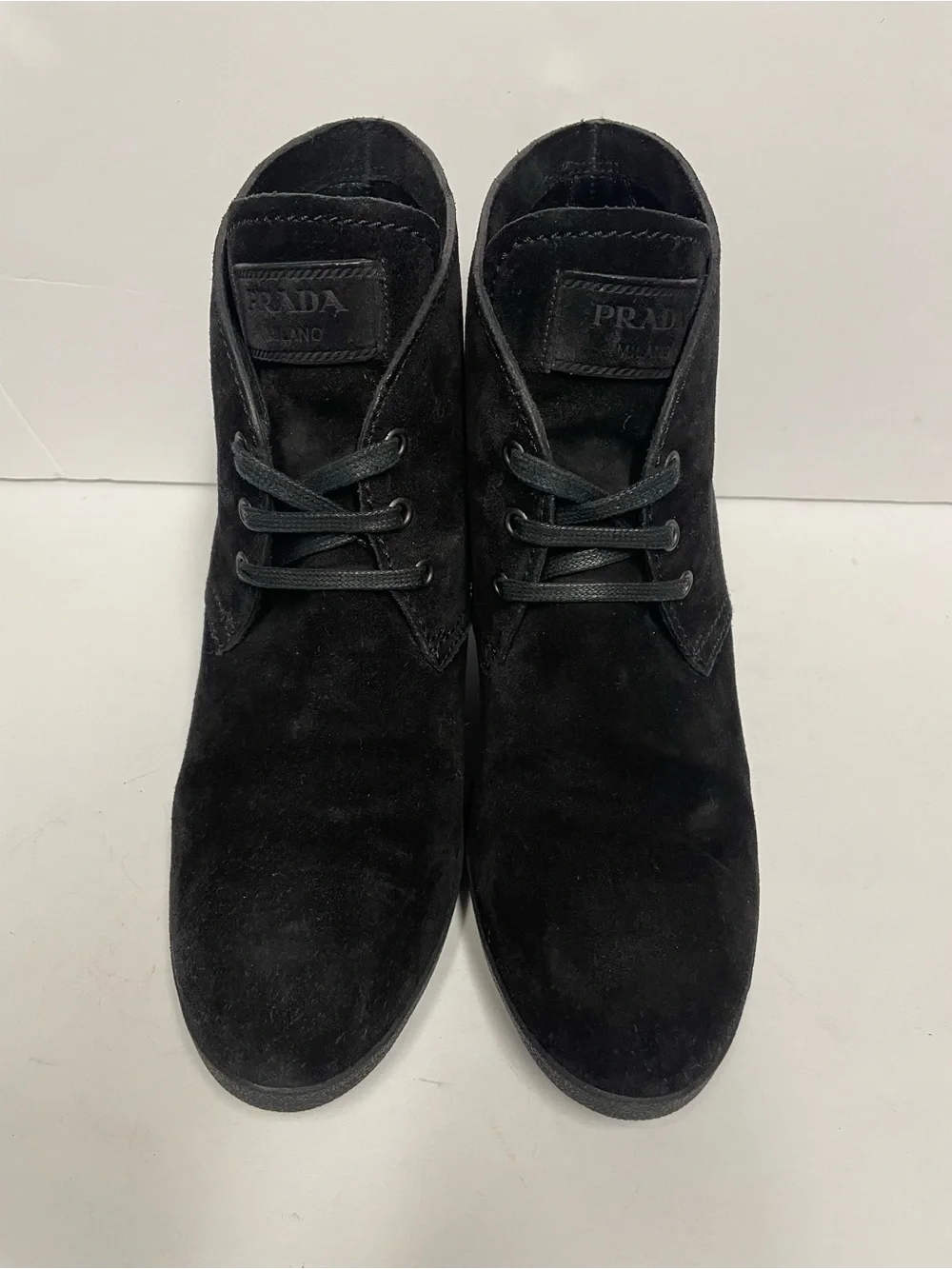 Prada sport Black Suede Wedge Ankle Boots - Women's Lace-Up Bootie 40